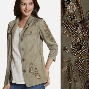 Chico's 100% Linen Sequin Embroidered Gold Army Green Utility Jacket Women's L